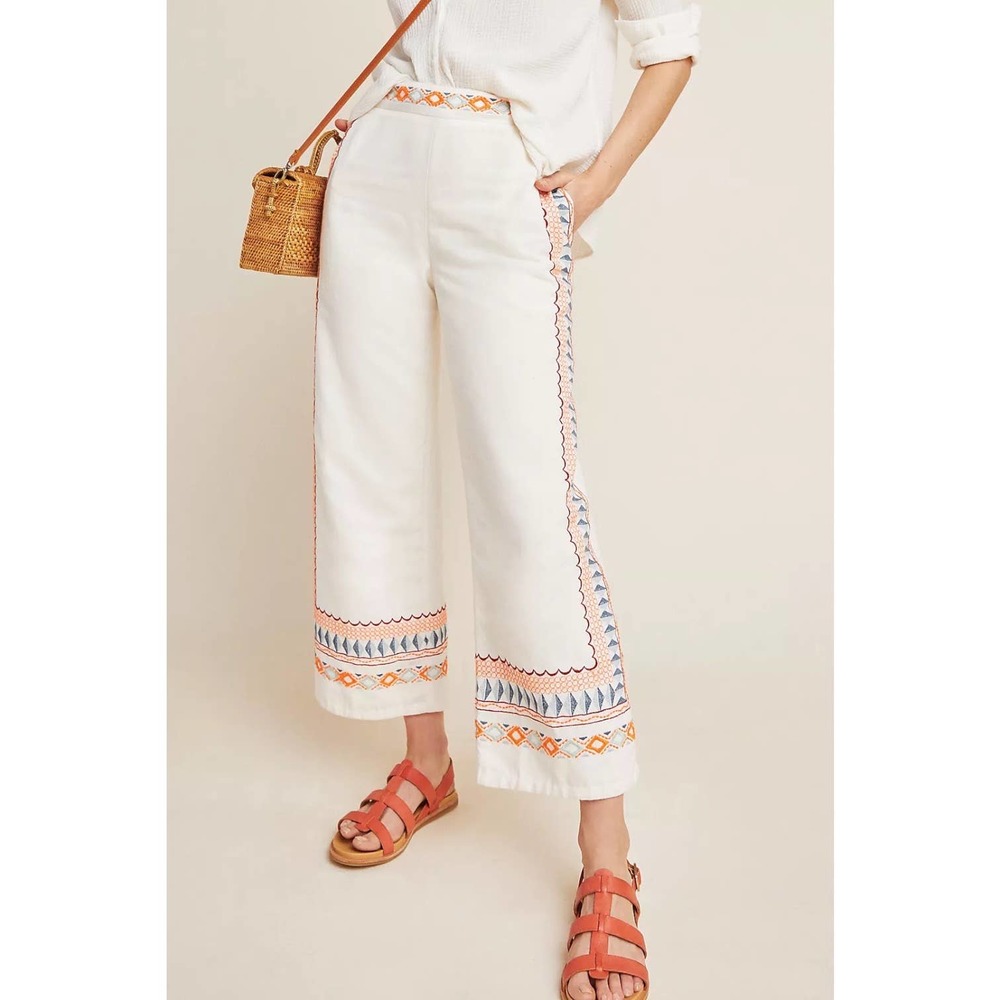 NWT! Anthropologie Wide Leg Pants w Orange and blue embroidery.